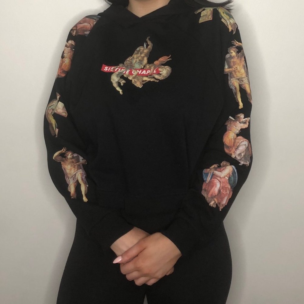 ZARA WOMAN SISTINE CHAPEL CROPPED BLACK SWEATSHIRT HOODIE SIZE MEDIUM - Picture 3 of 13